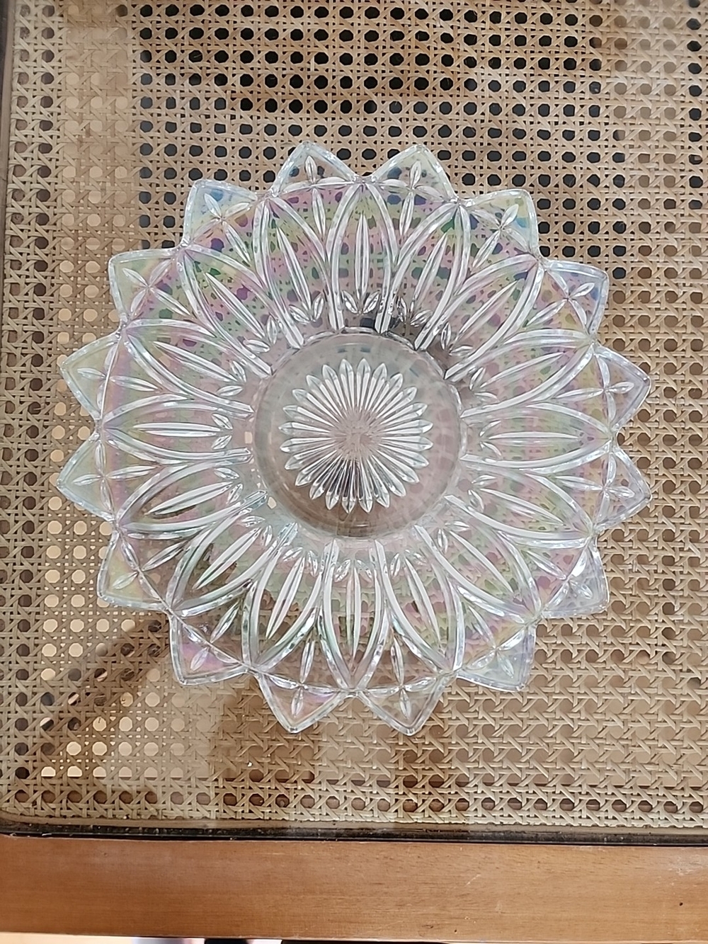 Vintage 1960s Federal Clear Iridescent Carnival Glass Star Flower Plate Petals
